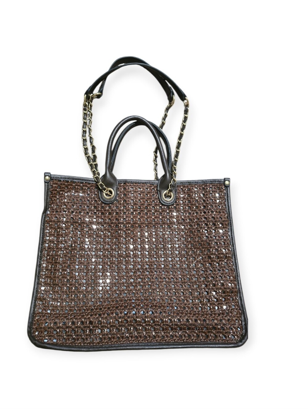 Steve Madden Brown Woven Tote with Black Trim and Gold Chain - Picture 2 of 10